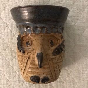 Pottery Owl Incense Cone Burner or Candle Holder Glazed Blue & Tan Numbered